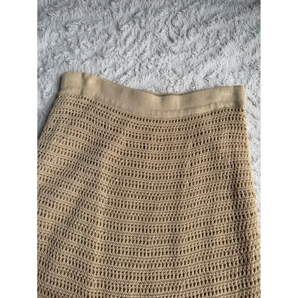 Vince Tan Beige Crochet Open Knit Cotton Blend Midi Skirt Elastic Waist XS S
